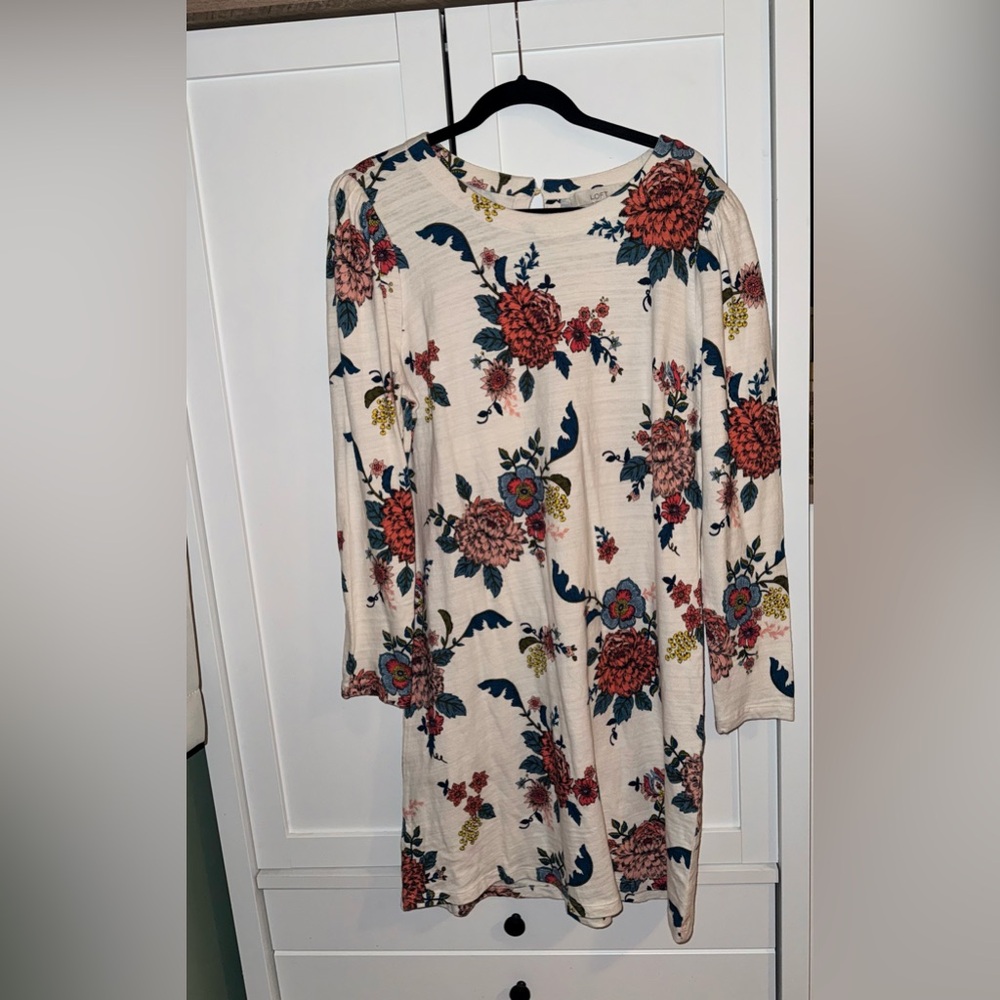 NWT! LOFT Floral Print Cream Dress, Size 14